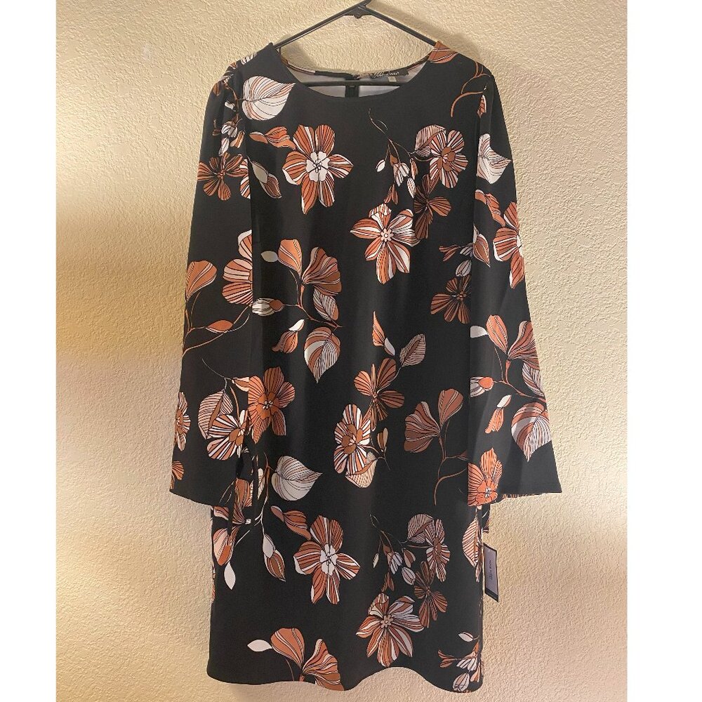 Nine West black and orange floral pattern dress with mid-length sleeves size 18